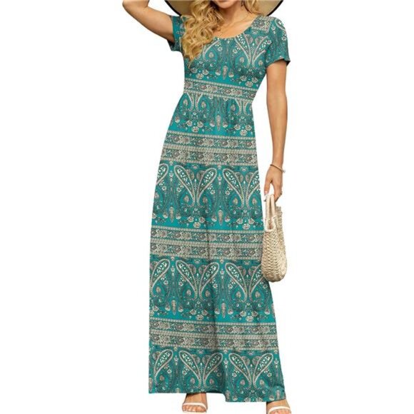 Women's Short Sleeve Maxi Dresses Casual Empire Waist Long Dress with Pockets - Picture 1 of 5